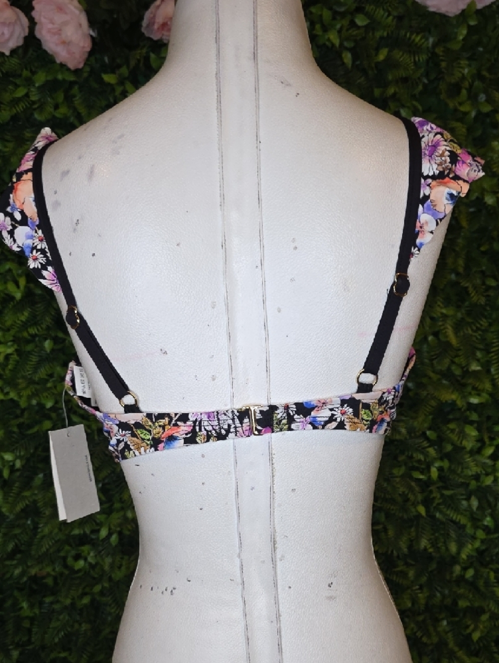 Kenneth Cole Black Floral Bikini Top with Pink & Peach Blooms - Picture 4 of 5